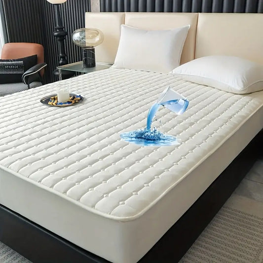 Solid Quilted 100% Waterproof Mattress Protector For Double Bed - Off White