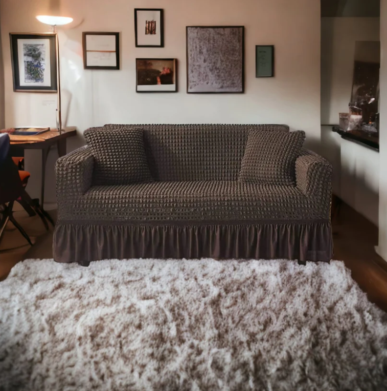 RUFFELED SUR SUCKER TURKISH SOFA COVER - Chocolate Brown