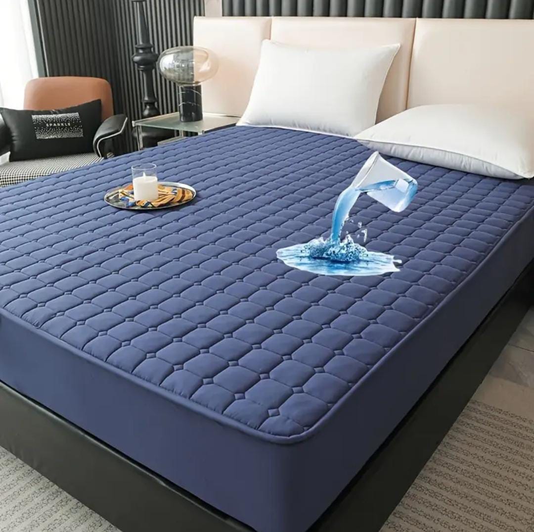 Solid Quilted 100% Waterproof Mattress Protector For Double Bed - Navy Blue