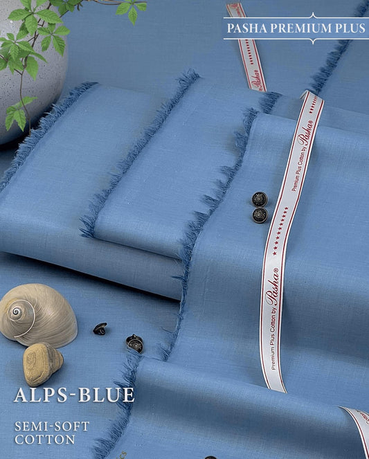Pasha Premium Plus | Pure Egyptian Cotton | Semi-Soft Luxurious Unstitched Fabric for Men's (Alps Blue)