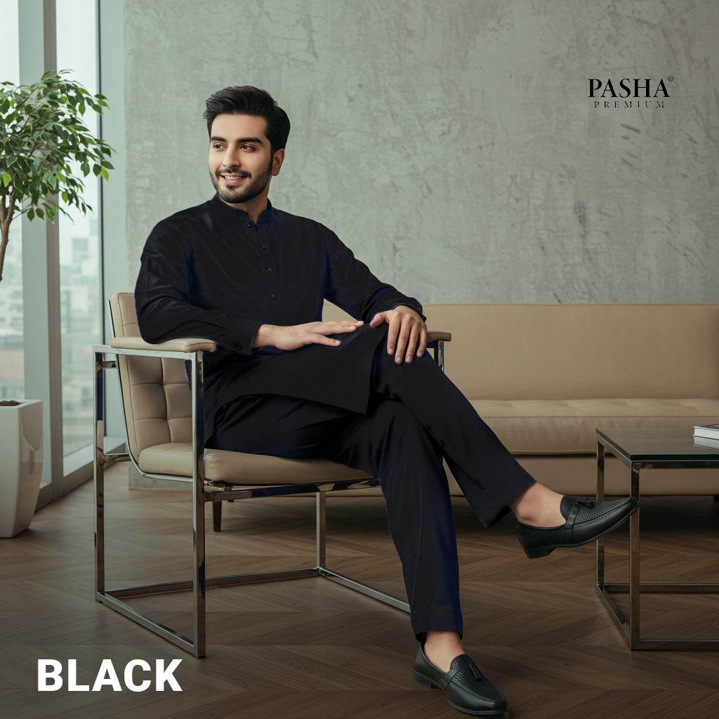 Pasha Premium Plus | Pure Egyptian Cotton | Semi-Soft Luxurious Unstitched Fabric for Men's (Black)