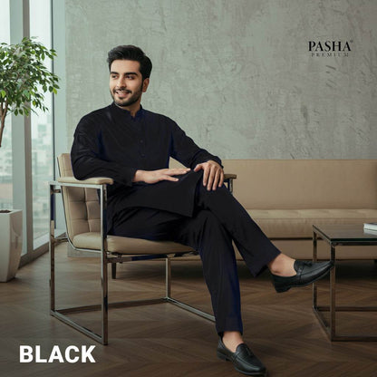 Pasha Premium Plus | Pure Egyptian Cotton | Semi-Soft Luxurious Unstitched Fabric for Men's (Black)