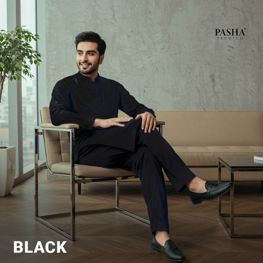 Pasha Premium Plus | Pure Egyptian Cotton | Semi-Soft Luxurious Unstitched Fabric for Men's (Black)