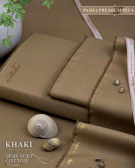 Pasha Premium Plus | Pure Egyptian Cotton | Semi-Soft Luxurious Unstitched Fabric for Men's (Khaki)