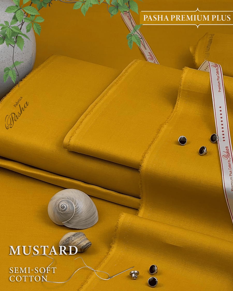 Pasha Premium Plus | Pure Egyptian Cotton | Semi-Soft Luxurious Unstitched Fabric for Men's (Mustard)