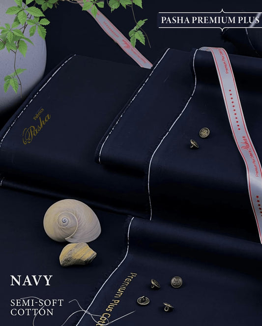 Pasha Premium Plus | Pure Egyptian Cotton | Semi-Soft Luxurious Unstitched Fabric for Men's (Navy)