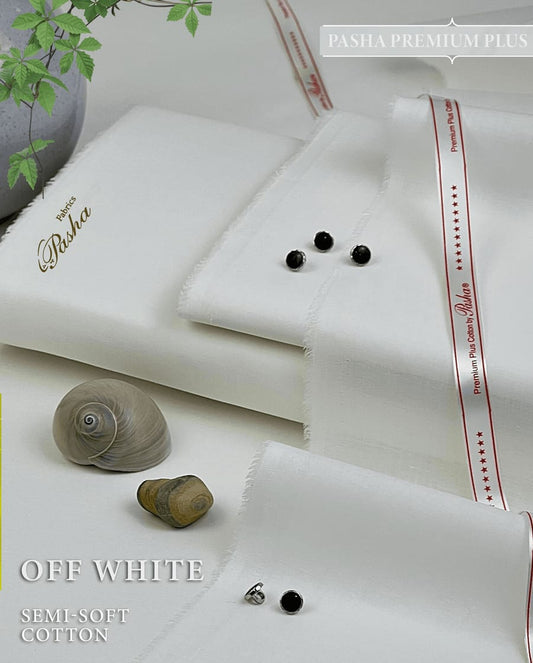 Pasha Premium Plus | Pure Egyptian Cotton | Semi-Soft Luxurious Unstitched Fabric for Men's (Off White)