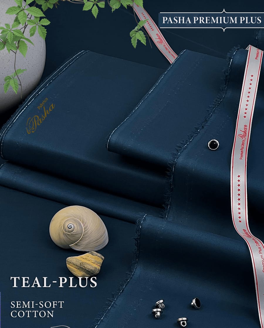 Pasha Premium Plus | Pure Egyptian Cotton | Semi-Soft Luxurious Unstitched Fabric for Men's (Teal Plus)
