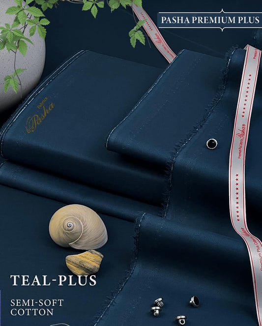 Pasha Premium Plus | Pure Egyptian Cotton | Semi-Soft Luxurious Unstitched Fabric for Men's (Teal Plus)