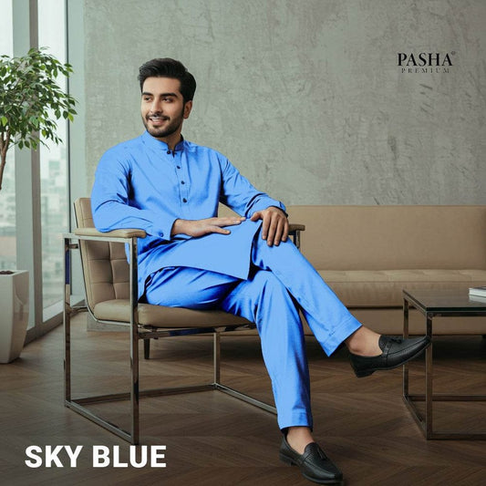 Pasha Premium Plus | Pure Egyptian Cotton | Semi-Soft Luxurious Unstitched Fabric for Men's (Sky)