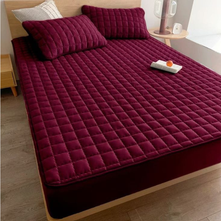 Solid Quilted 100% Waterproof Mattress Protector For Double Bed - Maroon